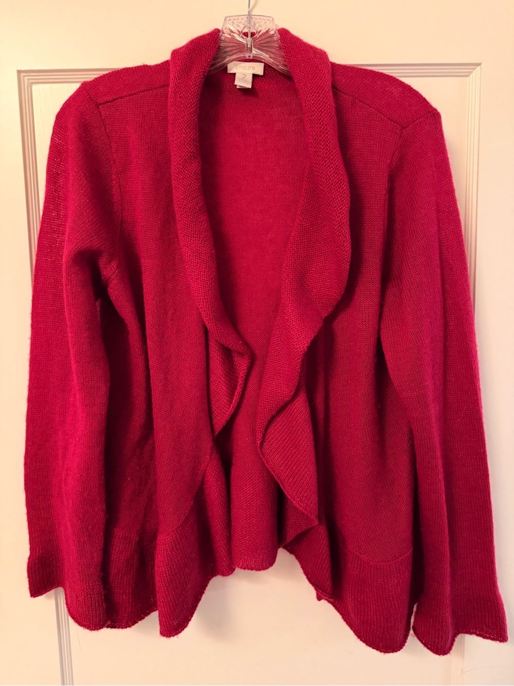 Chico's Deep Pink Ruffled Open-Front Lightweight Wool Blend Cardigan
